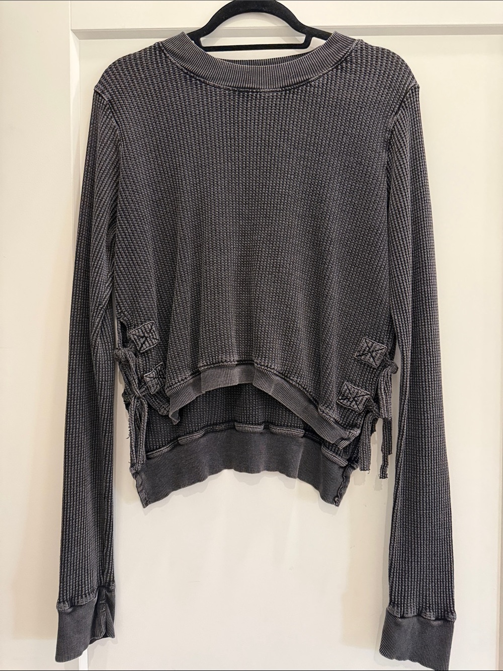 Waffle Knit Long Sleeve Top - Charcoal